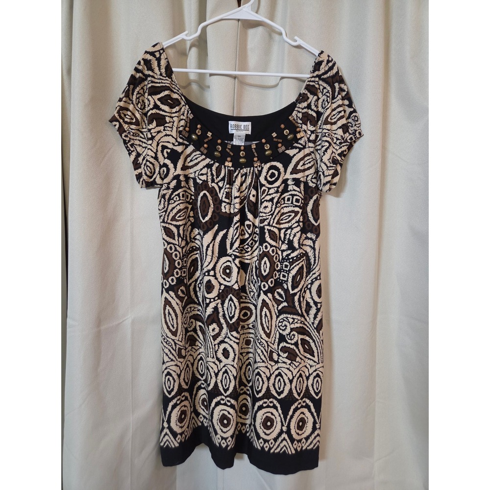 Robbie Bee Petite Brown Cream Tribal Print Beaded Neck Shift Dress 16P
